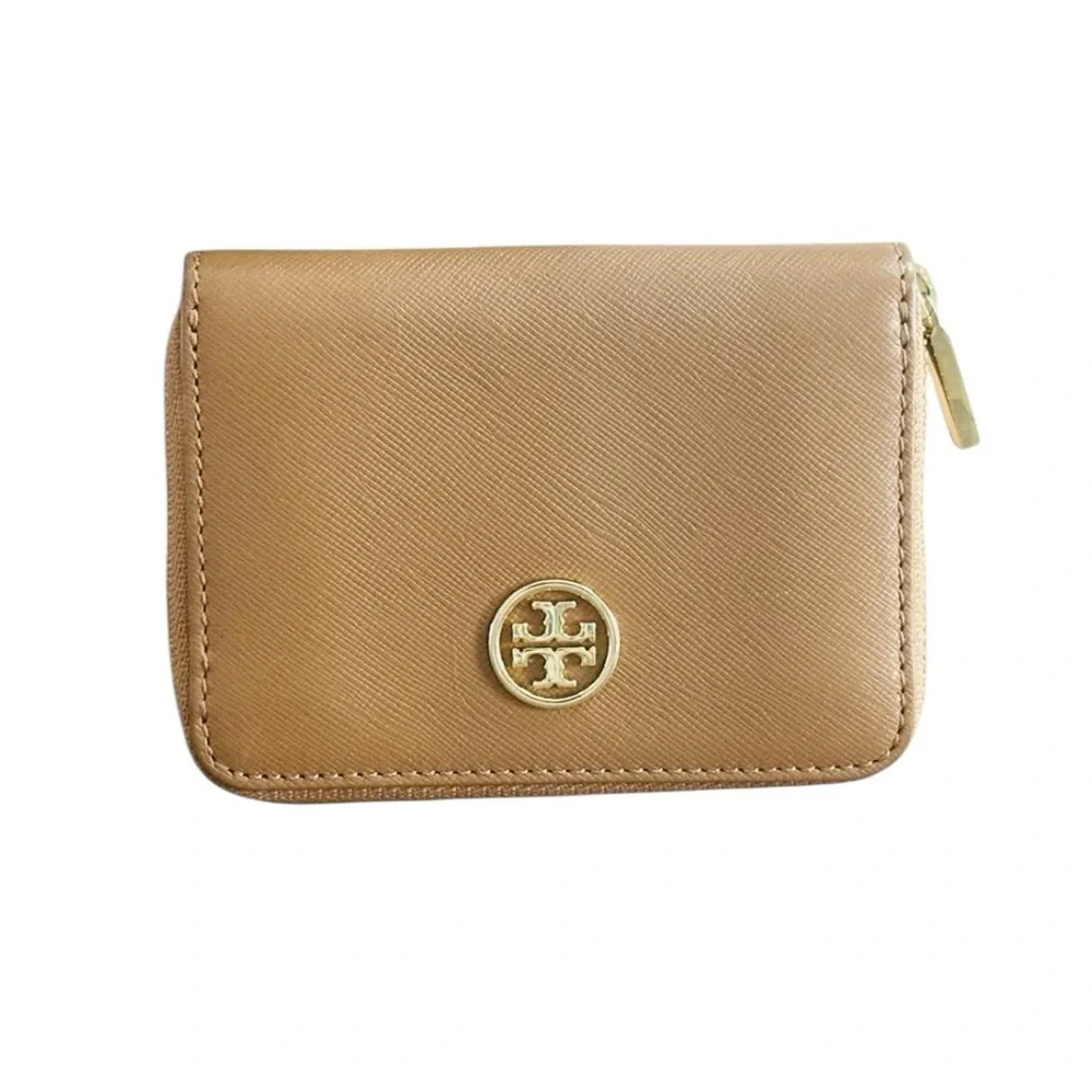 Tory Burch Key Ring Zip Around Mini Wallet Camel with Gold Logo 4 Inner Pockets